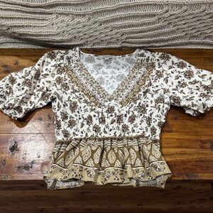 LOFT Floral V-Neck Blouse in Cream and Brown NWOT